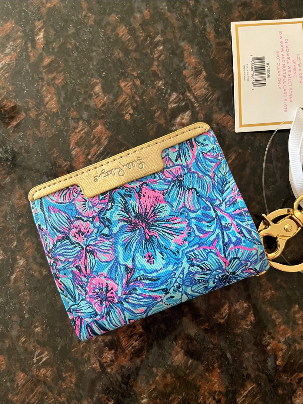 Lilly Pulitzer Blue Pink Floral Card Wallet with Gold Trim